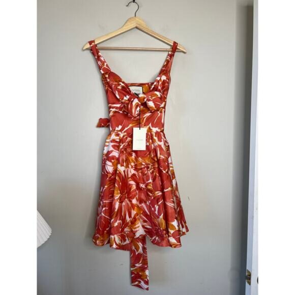 NWT Alexis Ilda Floral Lined Knotted Cut Out Sweetheart Mini Dress Orange - Picture 3 of 9